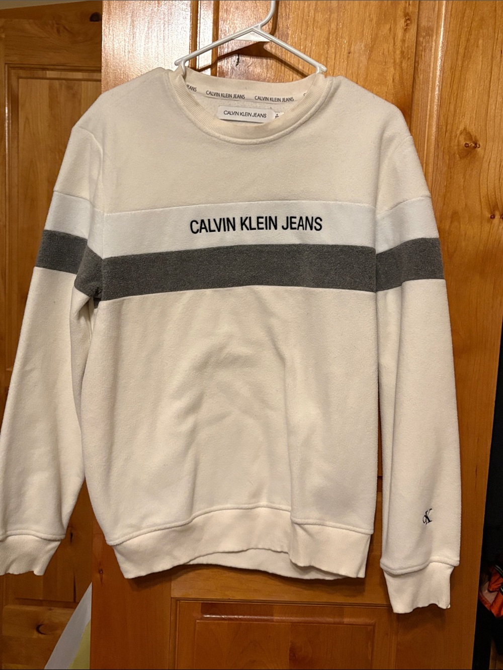 Calvin Klein Cream Crewneck Sweater with Gray Chest Stripe